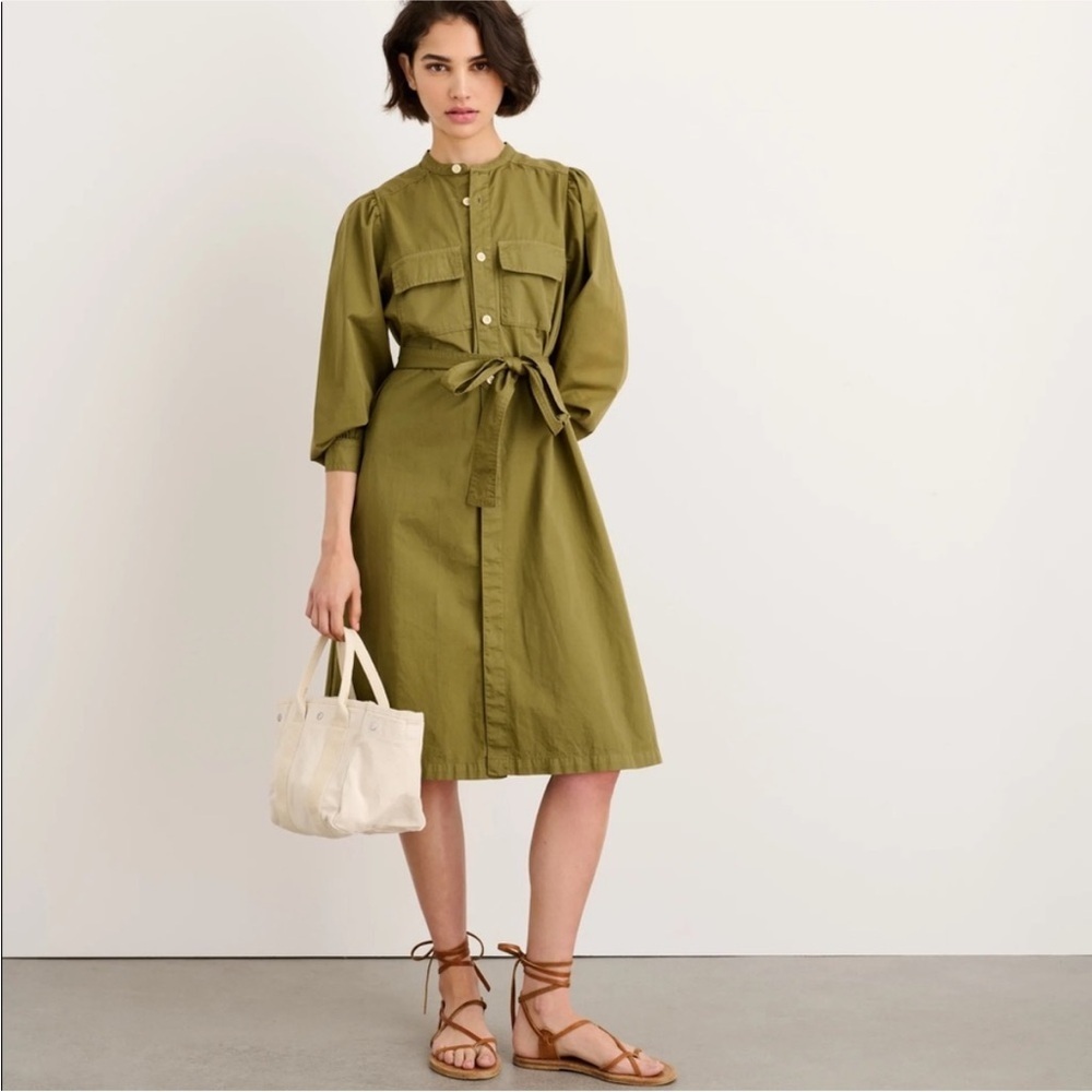 Alex Mill Jardin Olive Green Cotton Shirt Dress Balloon Sleeve Belted S Small